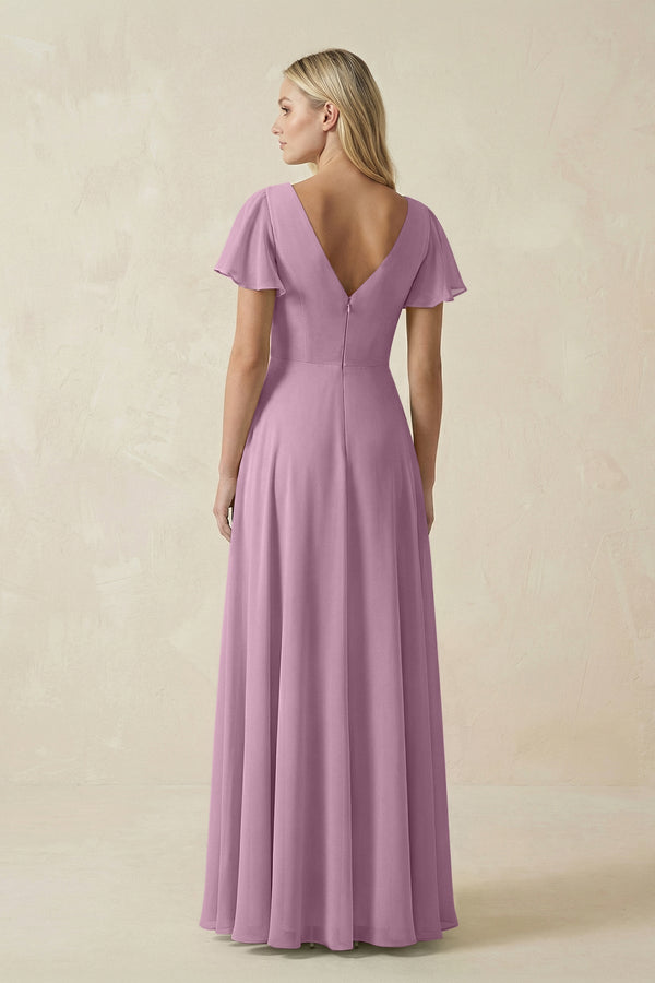 V - Neck Flutter Sleeve A - Line Chiffon Bridesmaid Dress in Wisteria - SHE IS ME Bridesmaid Dresses