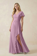 V - Neck Flutter Sleeve A - Line Chiffon Bridesmaid Dress in Wisteria - SHE IS ME Bridesmaid Dresses
