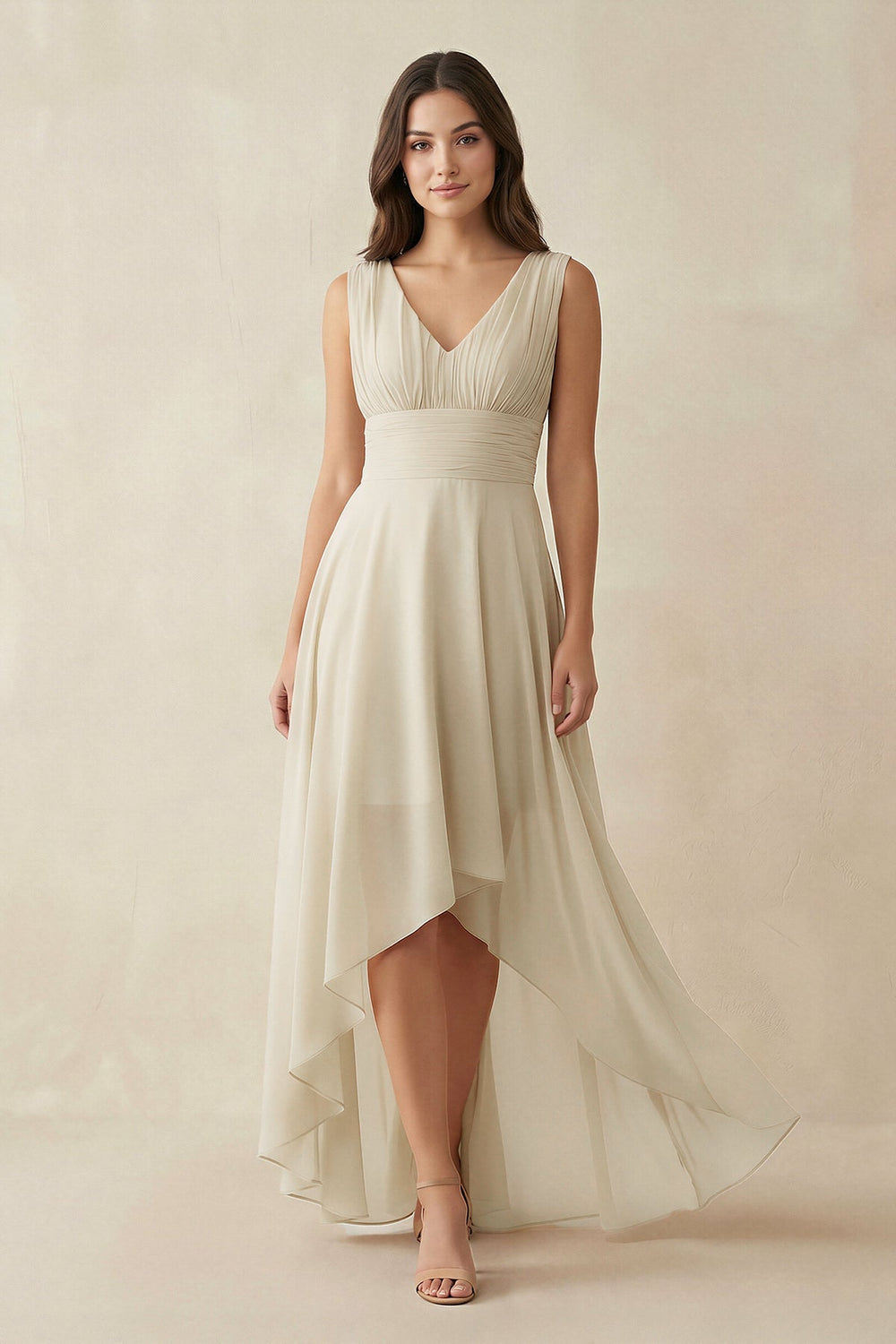 V - Neck High - Low Chiffon Bridesmaid Dress in Champagne - SHE IS ME Bridesmaid Dresses
