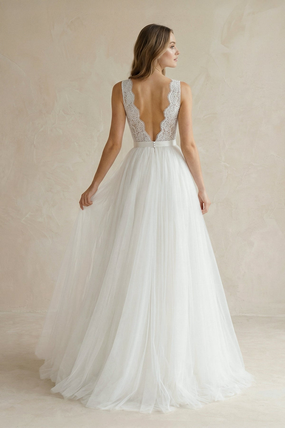 V - Neck Lace Bodice A - Line Tulle Wedding Dress - SHE IS ME Wedding Dresses