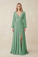 V-Neck Long Sleeve A-Line Chiffon Bridesmaid Dress in Sea Glass - SHE IS ME BRIDESMAID DRESSES