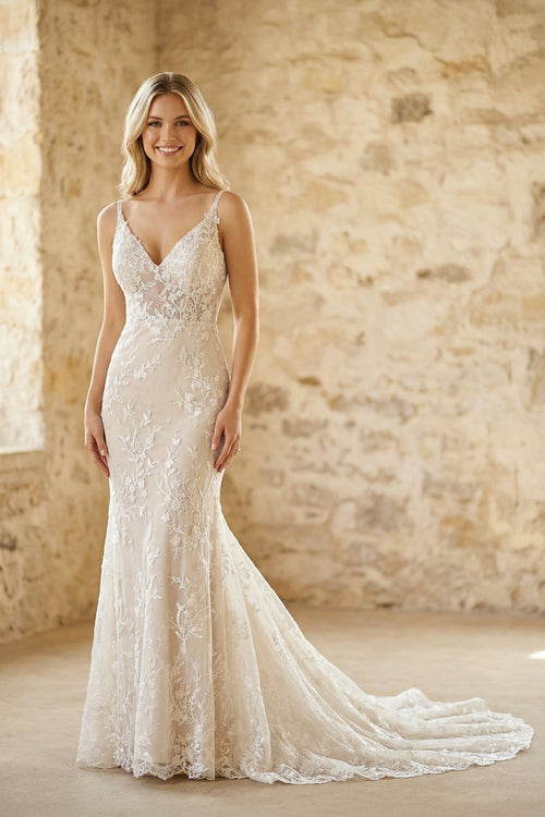 V Neck Mermaid Lace Wedding Dress in White and Nude - SHE IS ME Wedding Dresses