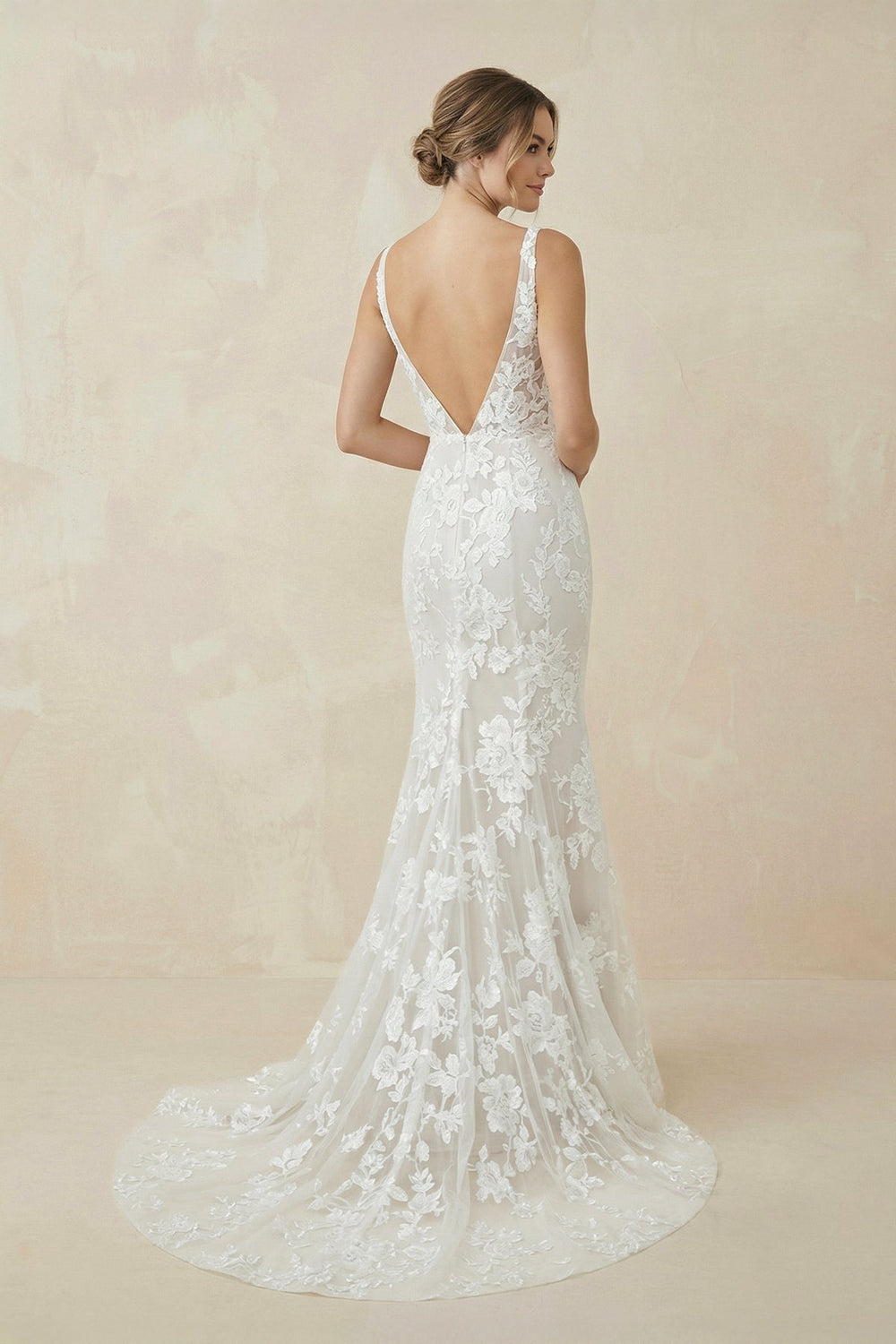 V Neck Mermaid Lace Wedding Dress in White and Nude - SHE IS ME Wedding Dresses