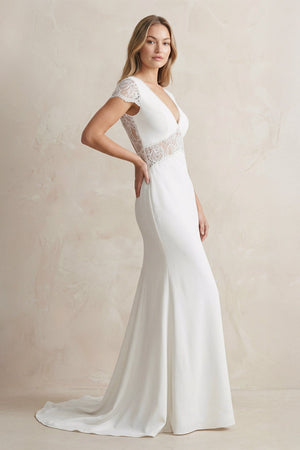 V Neck Mermaid Short Sleeves Satin Wedding Dress in White - SHE IS ME Wedding Dresses