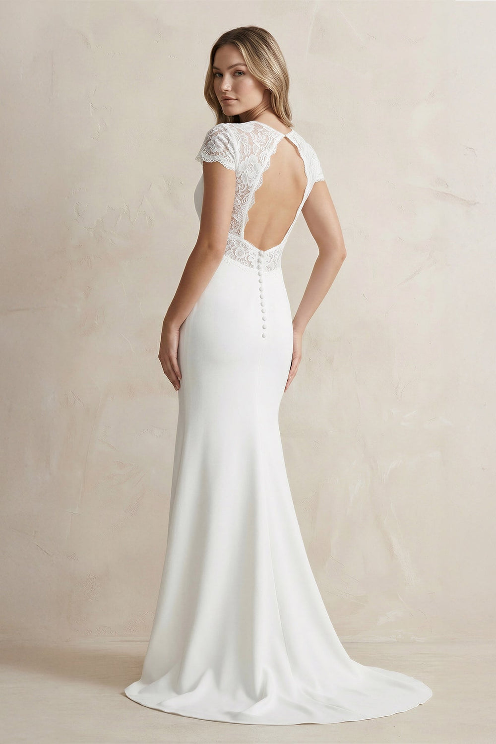 V Neck Mermaid Short Sleeves Satin Wedding Dress in White - SHE IS ME Wedding Dresses