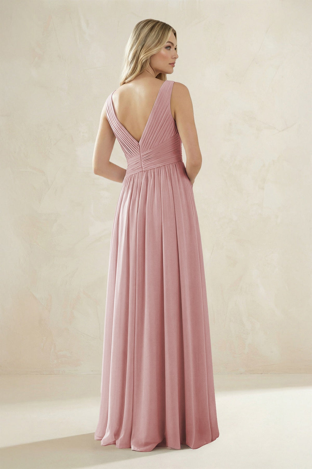 V - Neck Pleated A - Line Bridesmaid Dress in Dusty Rose - SHE IS ME Bridesmaid Dresses