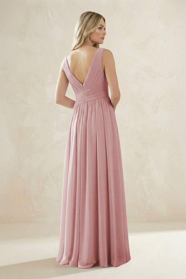V - Neck Pleated A - Line Bridesmaid Dress in Dusty Rose - SHE IS ME Bridesmaid Dresses