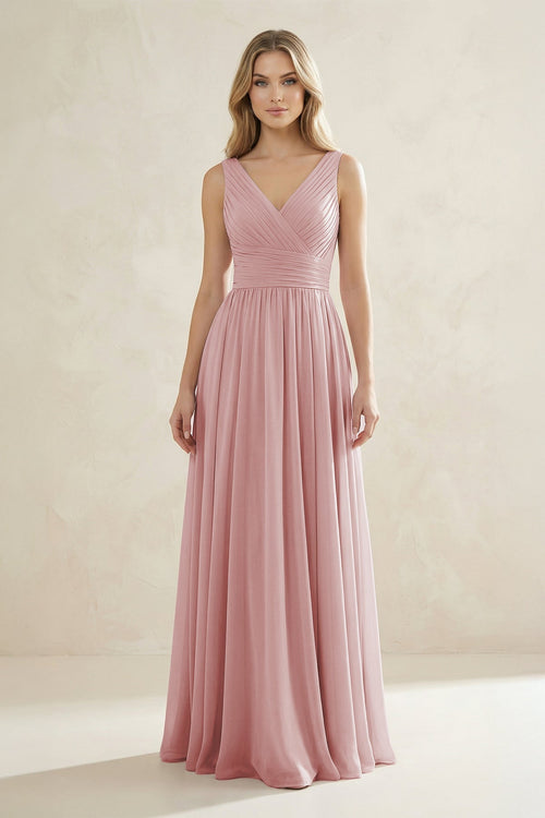 V - Neck Pleated A - Line Bridesmaid Dress in Dusty Rose - SHE IS ME Bridesmaid Dresses