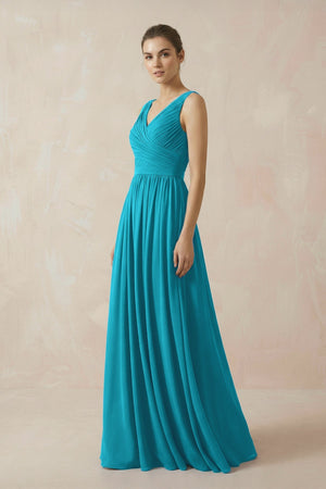 A-Line V-Neck Pleated Chiffon Bridesmaid Dress in Blue Jay - SHE IS ME BRIDESMAID DRESSES