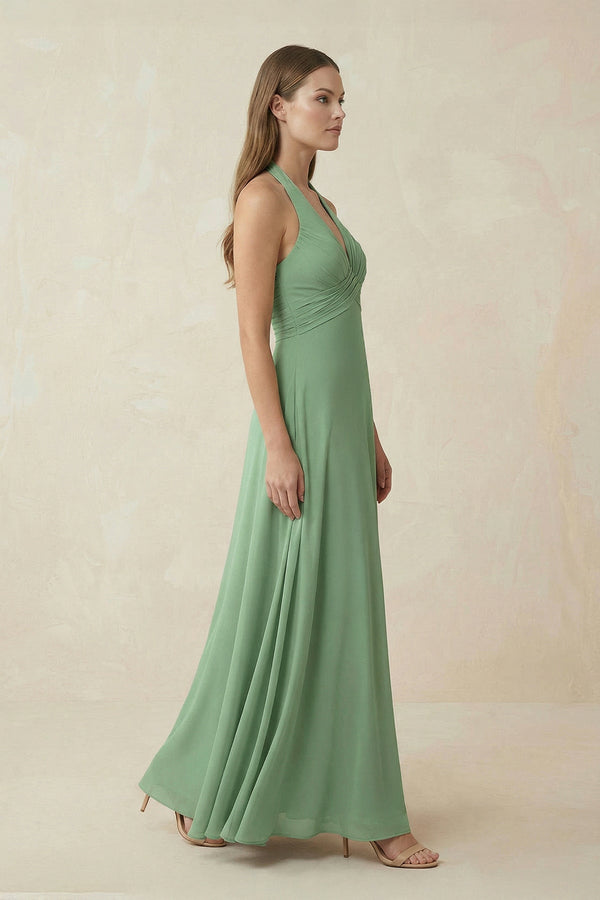 V-Neck Pleated A-Line Chiffon Bridesmaid Dress in Sea Glass - SHE IS ME BRIDESMAID DRESSES