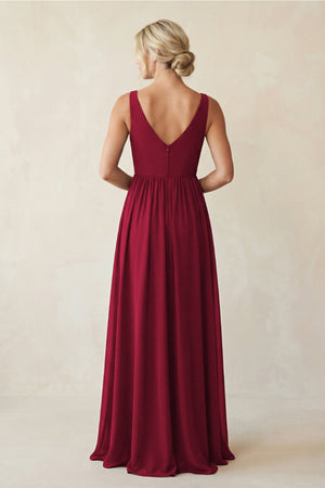 V - Neck Pleated A - Line Chiffon Bridesmaid Dress in Berry - SHE IS ME Bridesmaid Dresses