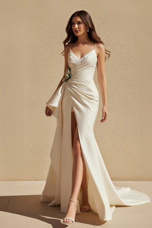 V Neck Pleated Prom Dress With Floral in Ivory - SHE IS ME PROM DRESSES