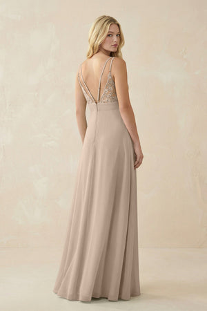 V - Neck Ruched Chiffon Bridesmaid Dress with Slit in Almond - SHE IS ME Bridesmaid Dresses