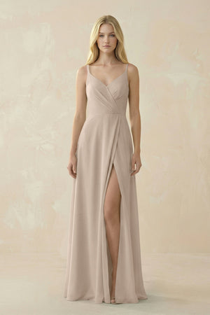 V - Neck Ruched Chiffon Bridesmaid Dress with Slit in Almond - SHE IS ME Bridesmaid Dresses