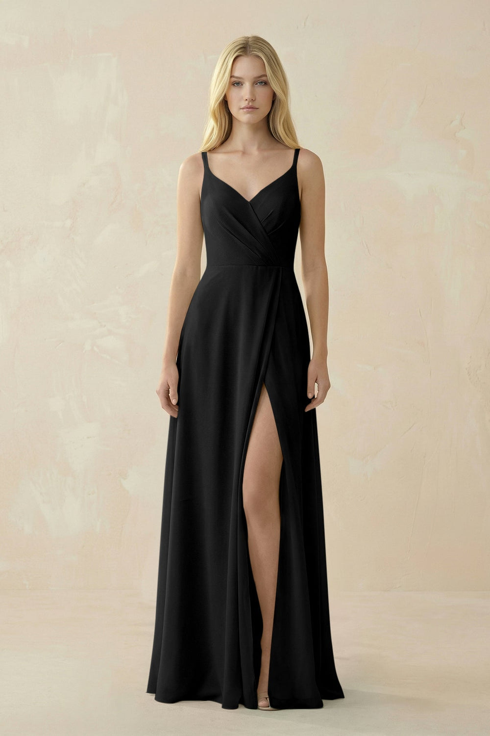 V - Neck Ruched Chiffon Bridesmaid Dress with Slit in Black - SHE IS ME Bridesmaid Dresses