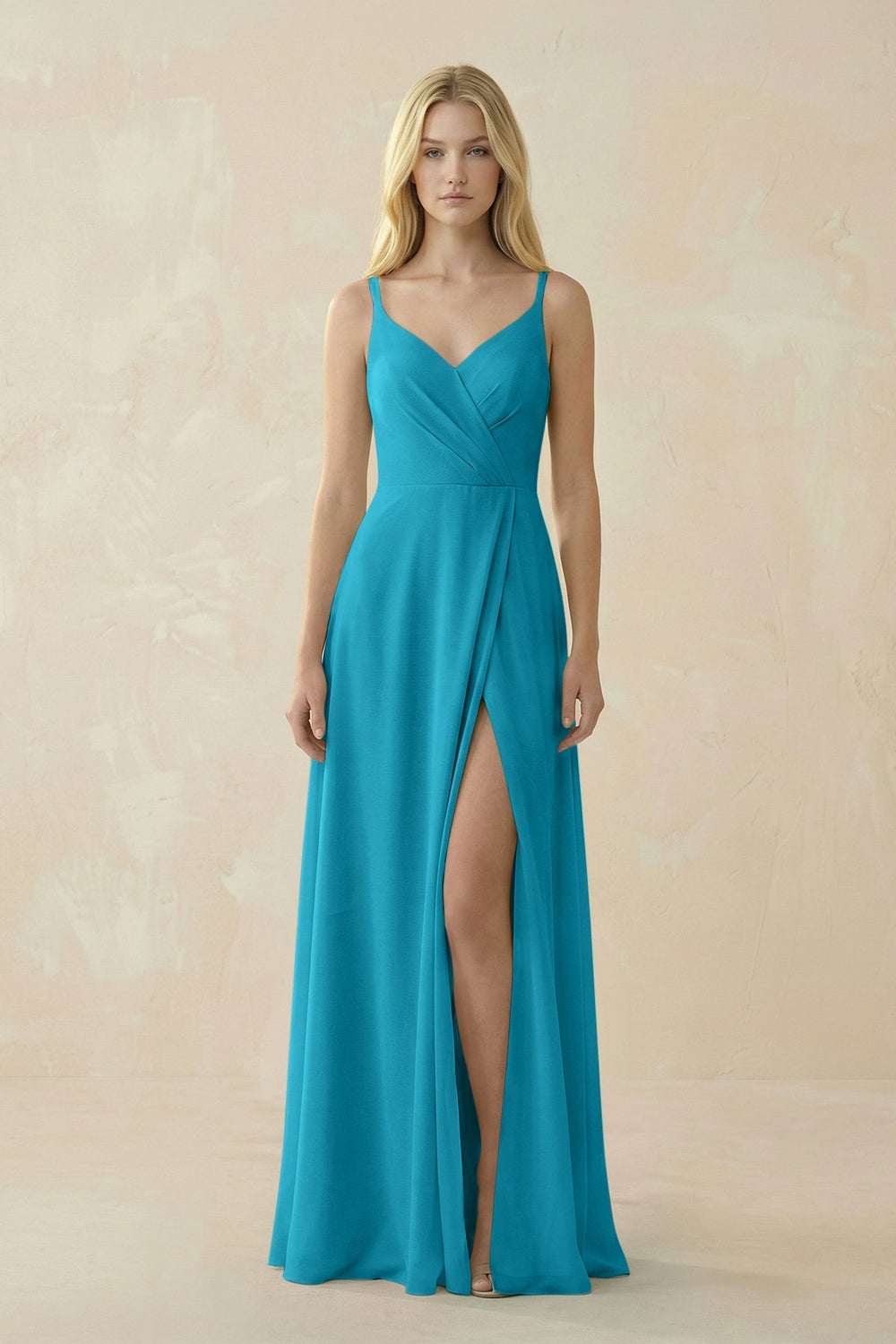 V - Neck Ruched Chiffon Bridesmaid Dress with Slit in Blue Jay - SHE IS ME Bridesmaid Dresses