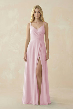 V - Neck Ruched Chiffon Bridesmaid Dress with Slit in Candy Pink - SHE IS ME Bridesmaid Dresses