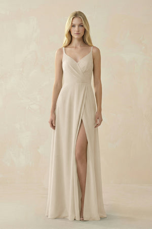 V - Neck Ruched Chiffon Bridesmaid Dress with Slit in Champagne - SHE IS ME Bridesmaid Dresses