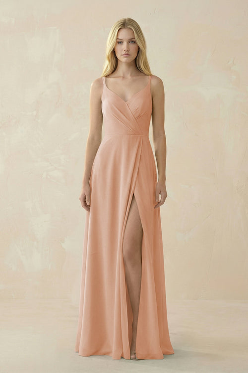V - Neck Ruched Chiffon Bridesmaid Dress with Slit in Champagne Rose - SHE IS ME Bridesmaid Dresses