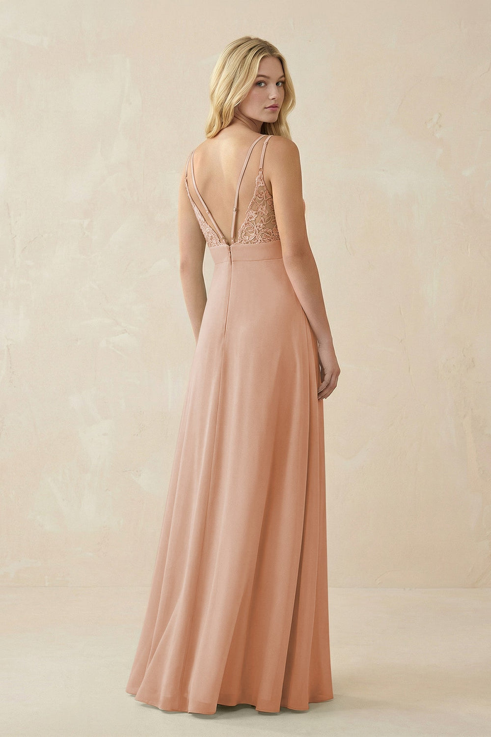 V - Neck Ruched Chiffon Bridesmaid Dress with Slit in Champagne Rose - SHE IS ME Bridesmaid Dresses