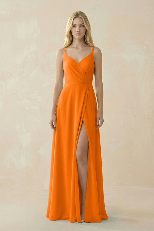 V - Neck Ruched Chiffon Bridesmaid Dress with Slit in Cinnamon - SHE IS ME Bridesmaid Dresses