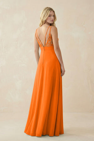 V - Neck Ruched Chiffon Bridesmaid Dress with Slit in Cinnamon - SHE IS ME Bridesmaid Dresses