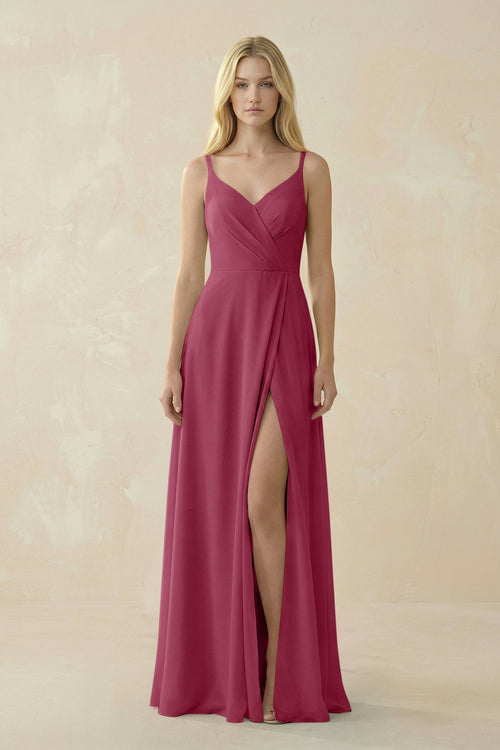 V - Neck Ruched Chiffon Bridesmaid Dress with Slit in Desert Rose - SHE IS ME Bridesmaid Dresses