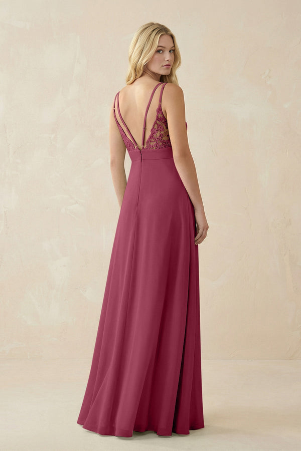 V - Neck Ruched Chiffon Bridesmaid Dress with Slit in Desert Rose - SHE IS ME Bridesmaid Dresses