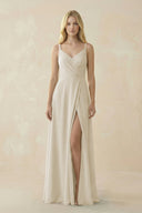 V - Neck Ruched Chiffon Bridesmaid Dress with Slit in Dove Gray - SHE IS ME Bridesmaid Dresses