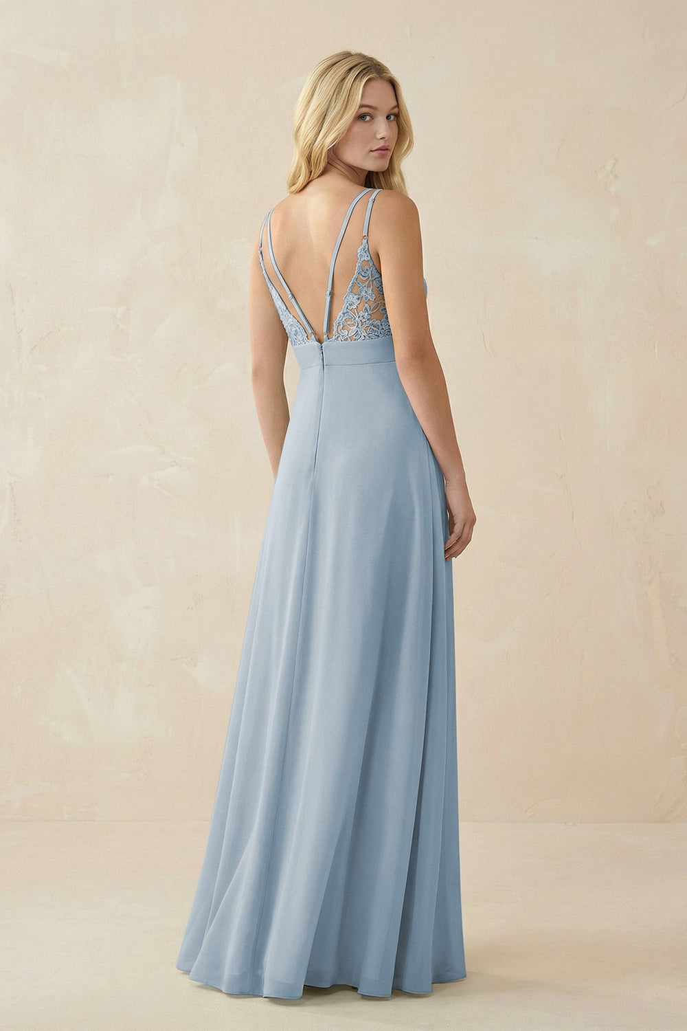 V - Neck Ruched Chiffon Bridesmaid Dress with Slit in Dusty Blue - SHE IS ME Bridesmaid Dresses