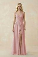 V - Neck Ruched Chiffon Bridesmaid Dress with Slit in Dusty Rose - SHE IS ME Bridesmaid Dresses