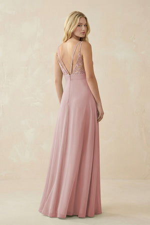 V - Neck Ruched Chiffon Bridesmaid Dress with Slit in Dusty Rose - SHE IS ME Bridesmaid Dresses