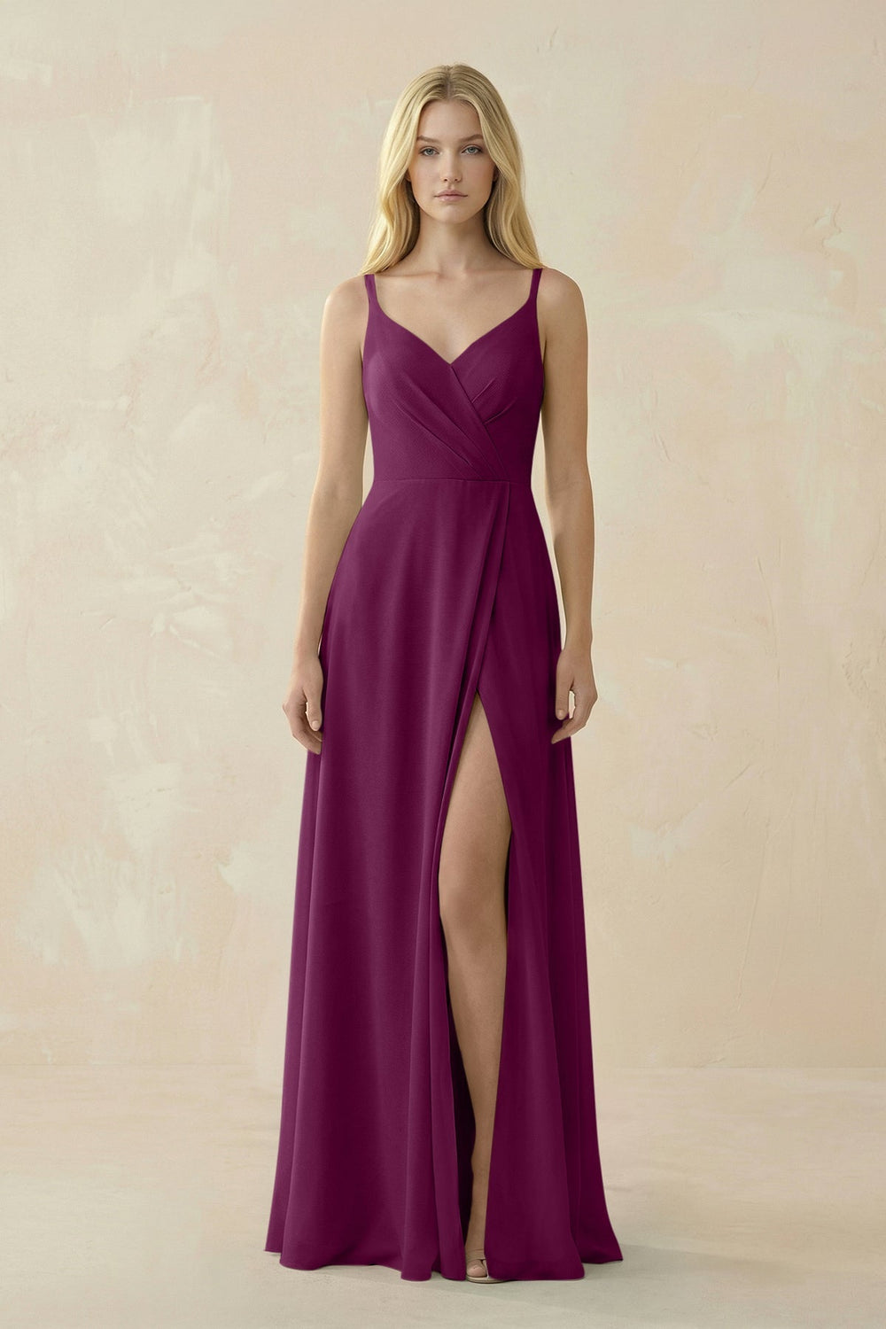V - Neck Ruched Chiffon Bridesmaid Dress with Slit in Fig - SHE IS ME Bridesmaid Dresses