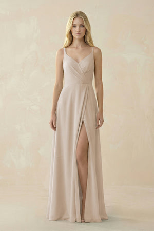 V - Neck Ruched Chiffon Bridesmaid Dress with Slit in Frost - SHE IS ME Bridesmaid Dresses