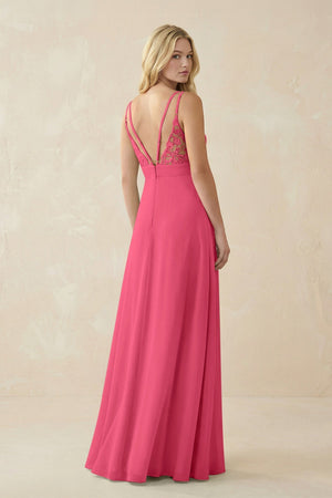 V - Neck Ruched Chiffon Bridesmaid Dress with Slit in Fuchsia - SHE IS ME Bridesmaid Dresses