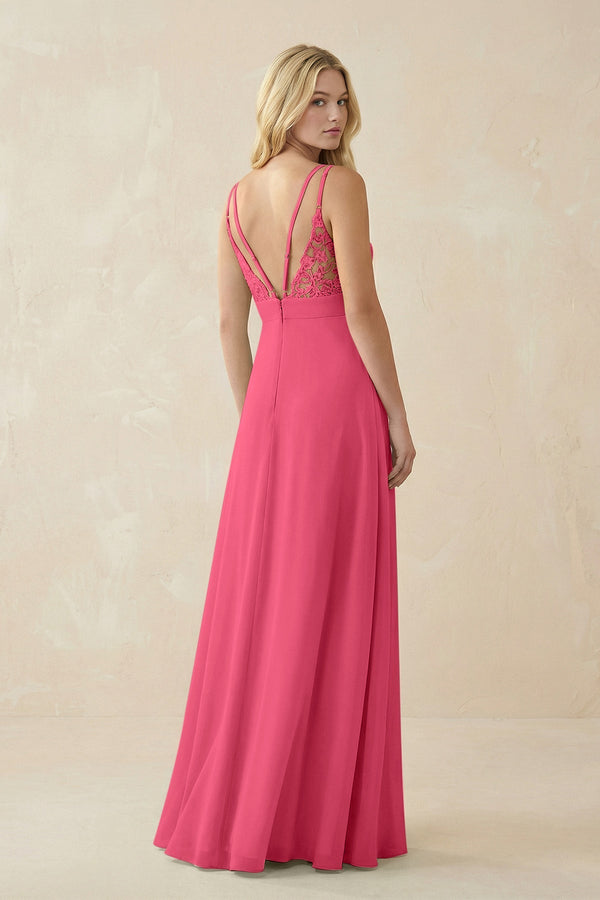 V - Neck Ruched Chiffon Bridesmaid Dress with Slit in Fuchsia - SHE IS ME Bridesmaid Dresses