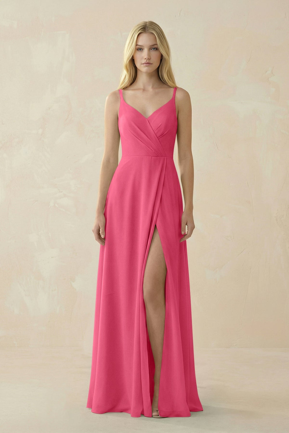 V - Neck Ruched Chiffon Bridesmaid Dress with Slit in Fuchsia - SHE IS ME Bridesmaid Dresses