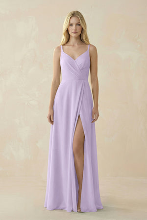 V - Neck Ruched Chiffon Bridesmaid Dress with Slit in Lavender - SHE IS ME Bridesmaid Dresses