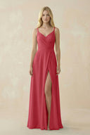 V - Neck Ruched Chiffon Bridesmaid Dress with Slit in Merlot - SHE IS ME Bridesmaid Dresses