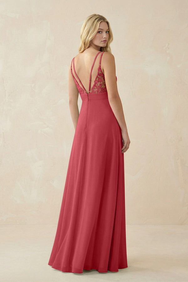V - Neck Ruched Chiffon Bridesmaid Dress with Slit in Merlot - SHE IS ME Bridesmaid Dresses