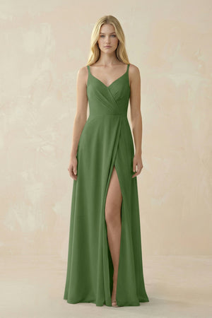 V - Neck Ruched Chiffon Bridesmaid Dress with Slit in Moss - SHE IS ME Bridesmaid Dresses