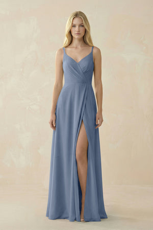 V - Neck Ruched Chiffon Bridesmaid Dress with Slit in Neptune - SHE IS ME Bridesmaid Dresses