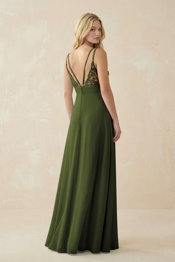 V - Neck Ruched Chiffon Bridesmaid Dress with Slit in Olive - SHE IS ME Bridesmaid Dresses
