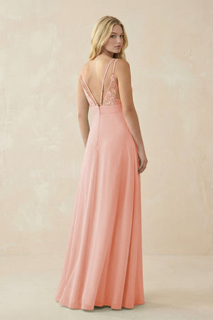 V - Neck Ruched Chiffon Bridesmaid Dress with Slit in Rose Petal - SHE IS ME Bridesmaid Dresses