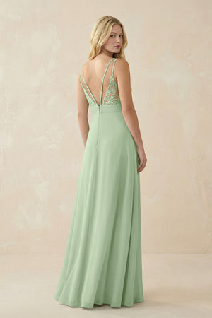 V - Neck Ruched Chiffon Bridesmaid Dress with Slit in Sage - SHE IS ME Bridesmaid Dresses