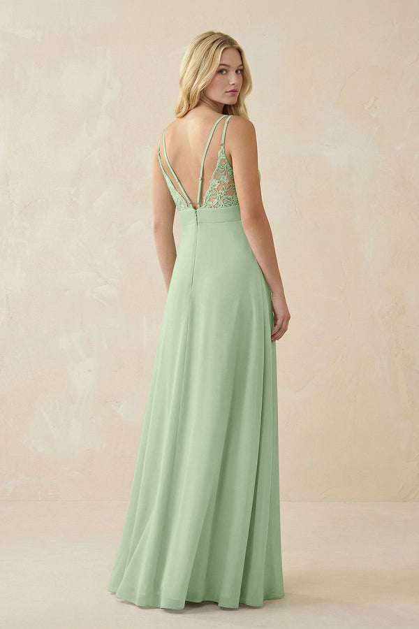 V - Neck Ruched Chiffon Bridesmaid Dress with Slit in Sage - SHE IS ME Bridesmaid Dresses