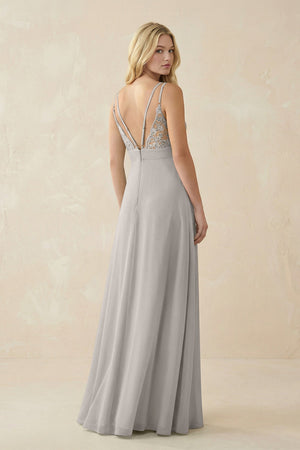 V - Neck Ruched Chiffon Bridesmaid Dress with Slit in Silver - SHE IS ME Bridesmaid Dresses