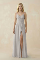 V - Neck Ruched Chiffon Bridesmaid Dress with Slit in Silver - SHE IS ME Bridesmaid Dresses