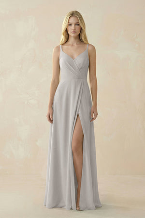 V - Neck Ruched Chiffon Bridesmaid Dress with Slit in Silver - SHE IS ME Bridesmaid Dresses