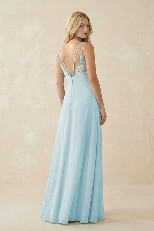 V - Neck Ruched Chiffon Bridesmaid Dress with Slit in Sky Blue - SHE IS ME Bridesmaid Dresses